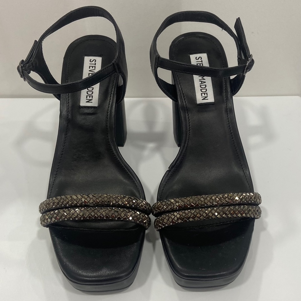 Steve Madden Jeweled Retro Square Toe Platform Block Heel Sandals Black Size 8